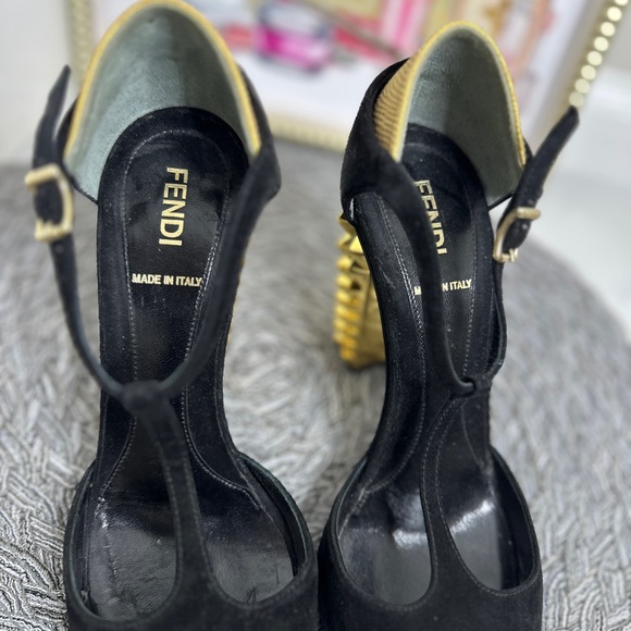 Fendi Black T-Strap Heels with Gold Studded Heel - Picture 9 of 12